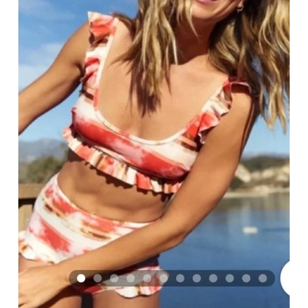 Aerie High Waisted Full Coverage Ruffle Tie Dye Pink Bikini Swim Bottoms NWT M - Picture 2 of 13